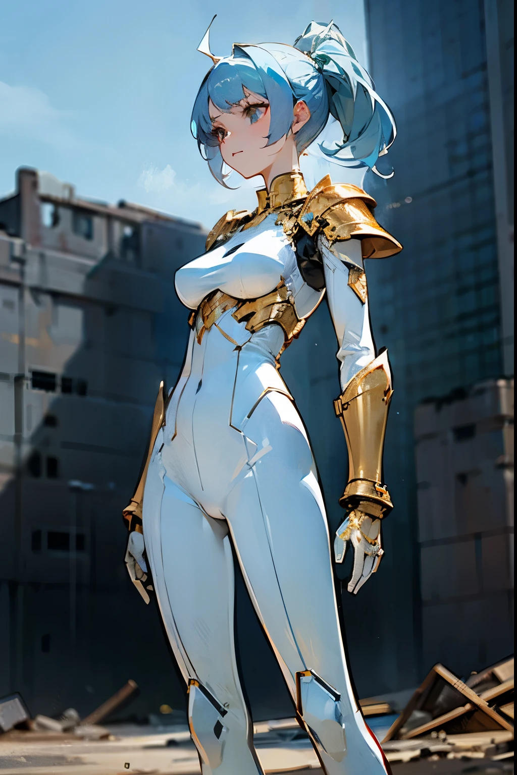 1female , Pale Blue Hair , Styled Back Hair , White Bodysuit with Golden Armor Pieces, Military Armored Clothing , Standing in ruined city background , Busty , Perfect Generation