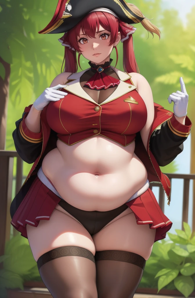 (best quality,4k,8k,highres,masterpiece:1.2), ultra-detailed, (realistic,photorealistic,photo-realistic:1.37), HDR, UHD, studio lighting, ultra-fine painting, sharp focus, physically-based rendering, extreme detail description, professional, vivid colors, bokeh, portraits, photography, (best quality,masterpiece:1.3), (mature woman, milf), (tall:1.2), anime, masterpiece, beautiful eyes, best quality, detailed face, 1girl, solo, beautiful, houshouBase, heterochromia, red eyes, yellow eyes, twintails, long hair, hair ribbon, large breasts, white gloves, frilled choker, red ascot, leotard, leotard under clothes, red jacket, cropped jacket, sleeveless jacket, black coat, off shoulder, bicorne, red skirt, miniskirt, leather belt, black thighhighs, huge breasts, huge belly, bloated belly, stuffed belly, plump, chubby, curvy, chubby girl, belly, big belly, fat belly, soft shading, detailed, semi-realistic, sciamano240