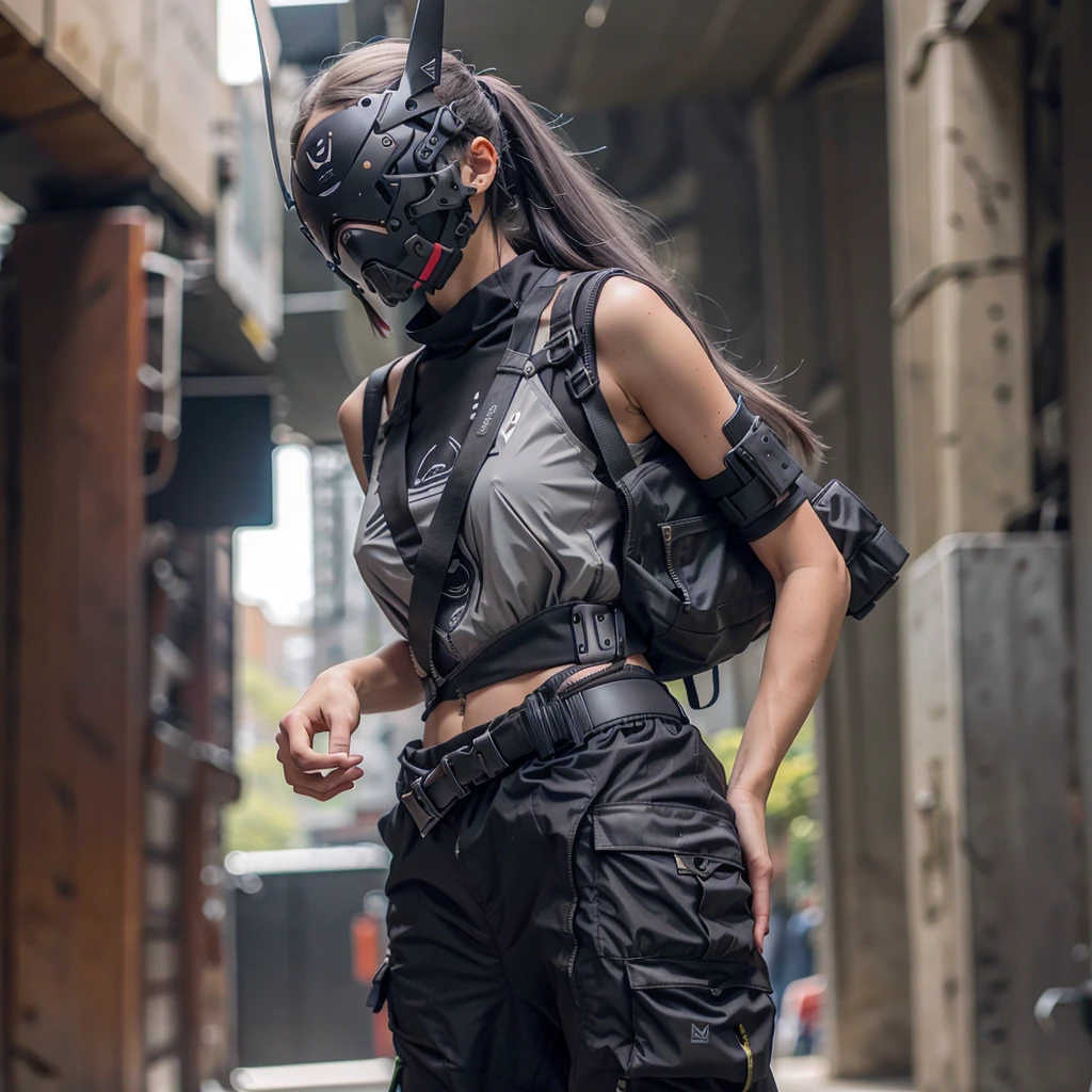 1girl, long white tail hair, cyber helmet, grey tank top, black cargo pants, mouth mask, covered mouth, Blur background, 8K, Hi-Res