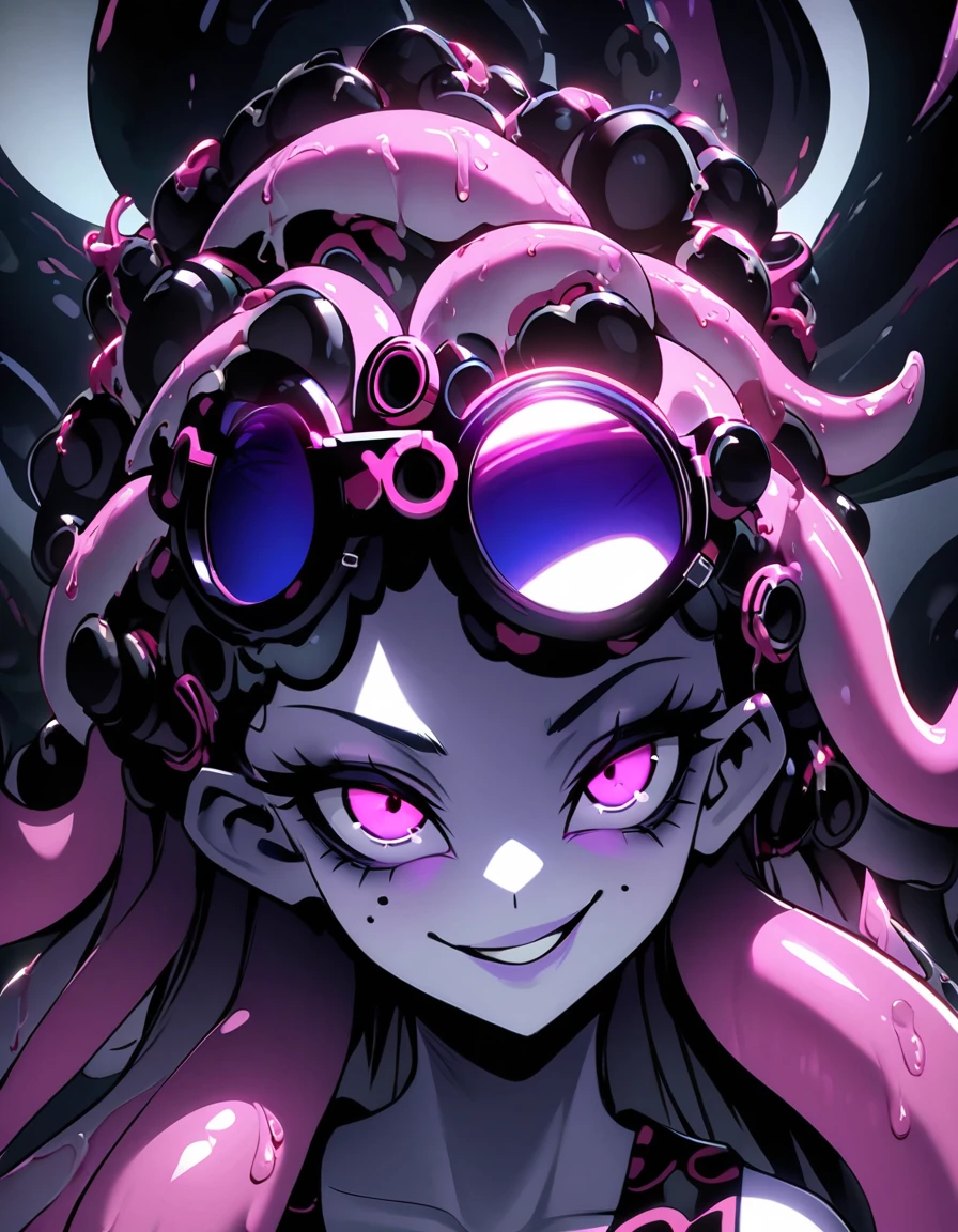(dark biopunk art), (tentacle biopunk atmosphere), (biopunk girl), thin facial features, pale skin, pale tentacle hair, long tentacle hair, smooth hair, open forehead, pale pink eyes, squared sunglasses, dark smile, (dark lighting), many shadows, cold lights, biopunk art