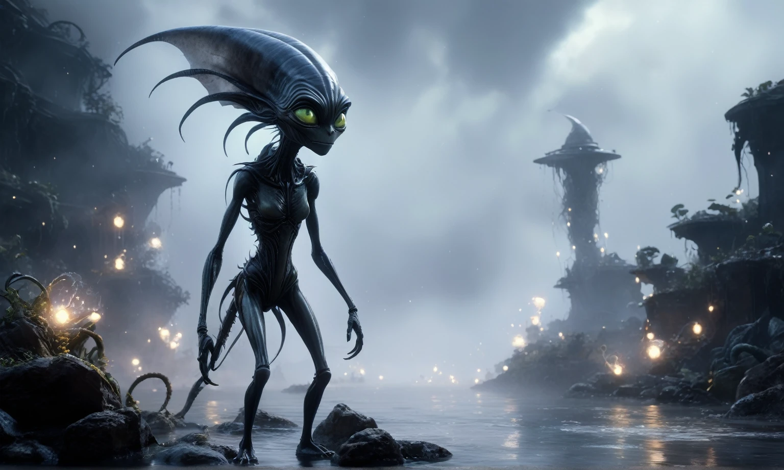 full body length,niobium goblin,native africa xenomorph,once pretty face,eyebrow up,full body shot,ominous landscape,niobium gray atmosphere,photo,photorealism,Masterpiece,natural skin textures, hyper realism,hyper detailed,High contrast,Realism,Ultra Detailed,irina yermolova,close full body shot,32K resolution,Nikon Z9, ,demonic, dust, smoke, audience, mist, featuring ultra-realistic and hyper-realistic elements, Marta Bevacqua, Ellen Jewett, Kawacy, Katsuya Terada, Carne Griffiths, explosive lightning, sparks, concert lighting, bokeh, luminal space that feels both bright and surreal. Includes liquid fluid elements for added depth and movement. Rendered in an unreal engine and post-processed to achieve . Evokes a sense of dreamy, ethereal
and mystical mood,pixar movie still, pixar movie screenshot, frame from pixar movie, animated movie still, still from the pixar movie, still from a pixar movie, disney pixar movie still, pixar movie scene, still from pixar movie, still from a 2001 pixar movie, pixar render, animated film still