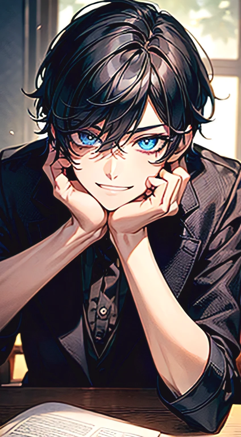 Men's,short detailed hair,black colored hair,(Eye 1:2,Clear eyes,Elaborate Eyes,Delicate pupils,Good eyes,eye detailed),Face Focus,Adult,In black clothes,best qualtiy,facial detailing,Classroom,sit on desk,sitting in the couch,lazy,Detailed background,diffuse sunlight,depth of fields,Studying Smiling at your desk , (((blue eyes))) , ((tricky glance)) , ((A Mysterious Look)), (((closed mouth))), ((grin)) , the villain