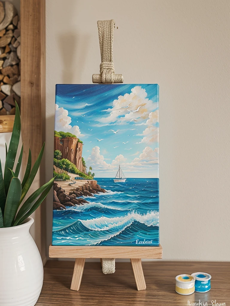 Create a sea-themed piece of art on a small-sized canvas on an wood easel and table filled with paints the same color as the canvas and brushes