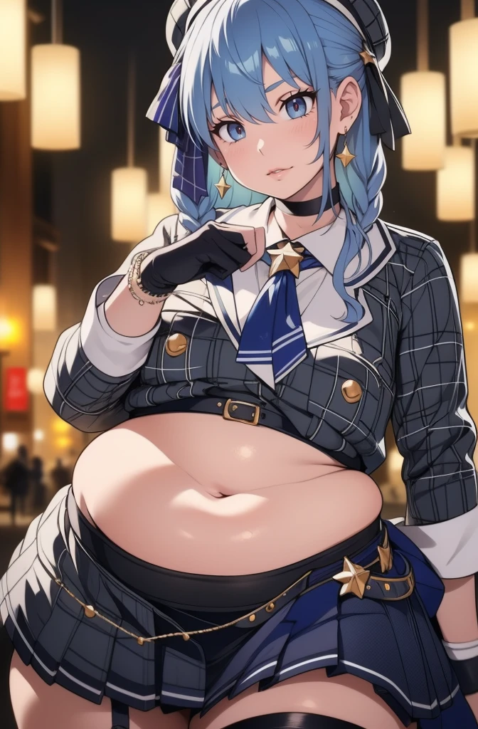 (best quality,4k,8k,highres,masterpiece:1.2), ultra-detailed, (realistic,photorealistic,photo-realistic:1.37), HDR, UHD, studio lighting, ultra-fine painting, sharp focus, physically-based rendering, extreme detail description, professional, vivid colors, bokeh, portraits, photography, (best quality,masterpiece:1.3), (mature woman, milf), (tall:1.2), anime, masterpiece, beautiful eyes, best quality, detailed face, 1girl, solo, beautiful, SuiseiBase, plaid beret, crown, blue star choker, star earrings, blue ascot, plaid jacket, plaid skirt, layered skirt, partially fingerless gloves, star bracelet, uneven legwear, thigh strap, huge belly, bloated belly, stuffed belly, plump, chubby, curvy, chubby girl, belly, big belly, fat belly,