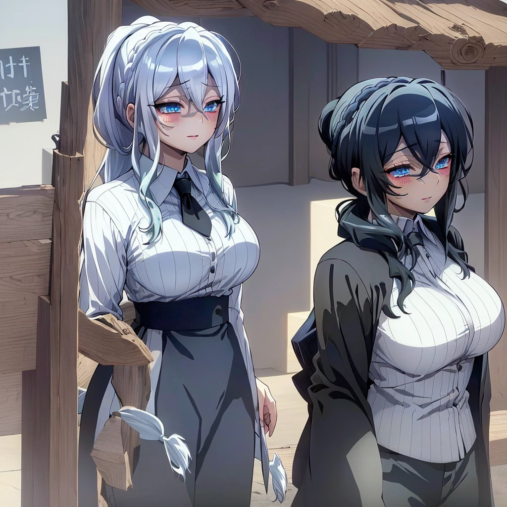 ((masterpiece)), (best quality), beautiful, extremely detailed face, perfect lighting,ultra-detailed,((expressionless)),((cold attitude)),((tsurime)),((tareme)),breasts,((Mature female)),((yukino, long hair, smile, bangs, (big breasts:1.2), braid, silver hair, braided ponytail, blue eyes, ringed eyes,
shirt, long sleeves, white shirt, necktie, collared shirt, pants, black pants, formal, suit, black necktie, shirt tucked in, office lady, full body