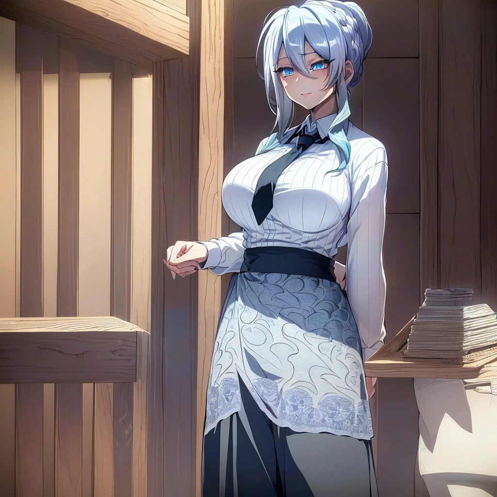 ((masterpiece)), (best quality), beautiful, extremely detailed face, perfect lighting,ultra-detailed,((expressionless)),((cold attitude)),((tsurime)),((tareme)),breasts,((Mature female)),((yukino, long hair, smile, bangs, (big breasts:1.2), braid, silver hair, braided ponytail, blue eyes, ringed eyes,
shirt, long sleeves, white shirt, necktie, collared shirt, pants, black pants, formal, suit, black necktie, shirt tucked in, office lady, full body