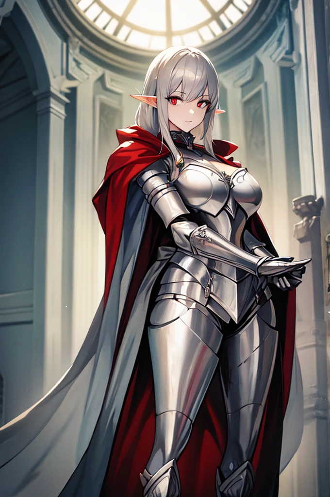 female elf knight, full body art, silver hair, white skin, red iris eye, knight full plate adorned armor, silver cape, perfectly detailed