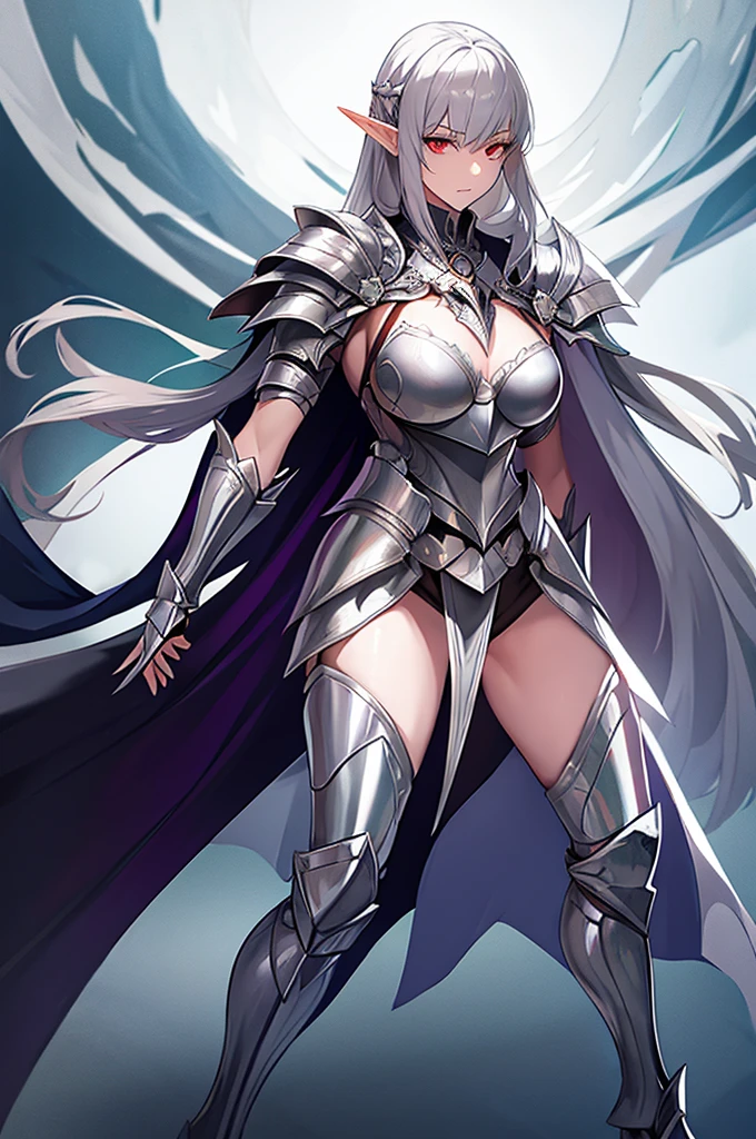 female elf knight, full body art, silver hair, white skin, red iris eye, knight full plate adorned armor, silver cape, perfectly detailed