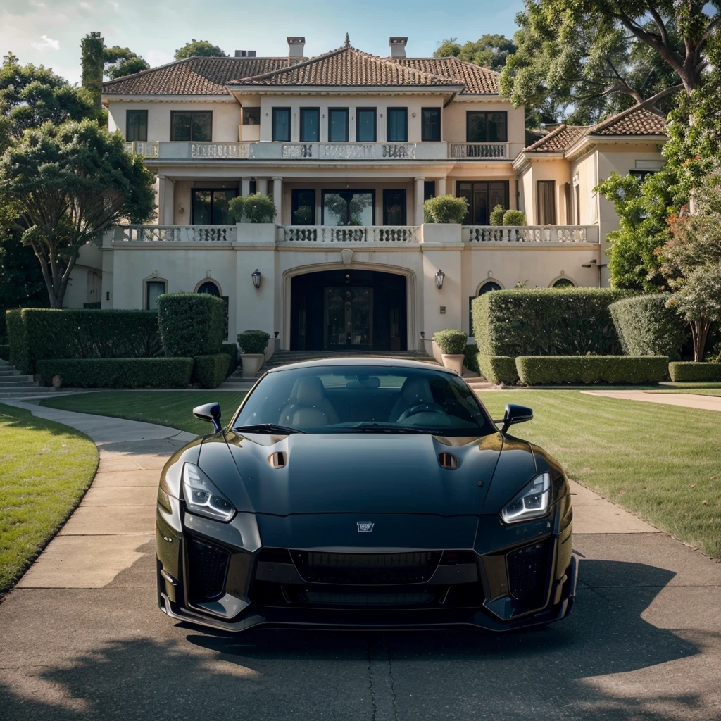 Imagine an opulent scene in Los Angeles at dusk. At the center of the image stands a modern mansion with clean architectural lines and large glass windows reflecting the orange sunset sky. In front of the mansion, there's a display of luxury cars parked in a circular driveway: a shiny red Ferrari, a vibrant yellow Lamborghini, an imposing black Rolls Royce, an elegant silver Porsche, and a metallic blue Nissan GTR. Next to the cars, two sport bikes—a green Kawasaki Ninja and a blue Suzuki—are parked, their aerodynamic lines and aggressive design catching attention. In the sky above the mansion, a private helicopter is about to land, while further away, a private jet flies low, preparing to land at a nearby airport. On the mansion's private dock, several luxurious yachts are anchored, their sleek silhouettes contrasting against the shimmering water. In the foreground, a couple stands side by side. The woman wears a flowing, beautiful long dress that complements the golden glow of the horizon. The man next to her is in a perfectly fitted elegant suit. Their faces are clear and beautiful, radiating happiness and success. They are looking towards the distant horizon, contemplating the empire they've built together. The image conveys a sense of power, wealth, and a billionaire lifestyle that is both aspirational and inspiring. Photography, high-resolution DSLR with a prime lens, capturing the clarity and richness of details, --ar 16:9 --v 5