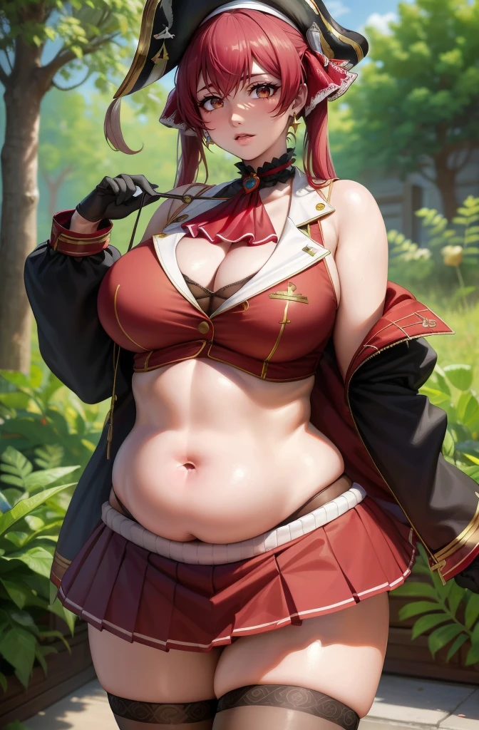 (best quality,4k,8k,highres,masterpiece:1.2), ultra-detailed, (realistic,photorealistic,photo-realistic:1.37), HDR, UHD, studio lighting, ultra-fine painting, sharp focus, physically-based rendering, extreme detail description, professional, vivid colors, bokeh, portraits, photography, (best quality,masterpiece:1.3), (mature woman, milf), (tall:1.2), anime, masterpiece, beautiful eyes, best quality, detailed face, 1girl, solo, beautiful, houshouBase, heterochromia, red eyes, yellow eyes, twintails, long hair, hair ribbon, large breasts, white gloves, frilled choker, red ascot, leotard, leotard under clothes, red jacket, cropped jacket, sleeveless jacket, black coat, off shoulder, bicorne, red skirt, miniskirt, leather belt, black thighhighs, huge breasts, huge belly, bloated belly, stuffed belly, plump, chubby, curvy, chubby girl, belly, big belly, fat belly, soft shading, detailed, semi-realistic, sciamano240
