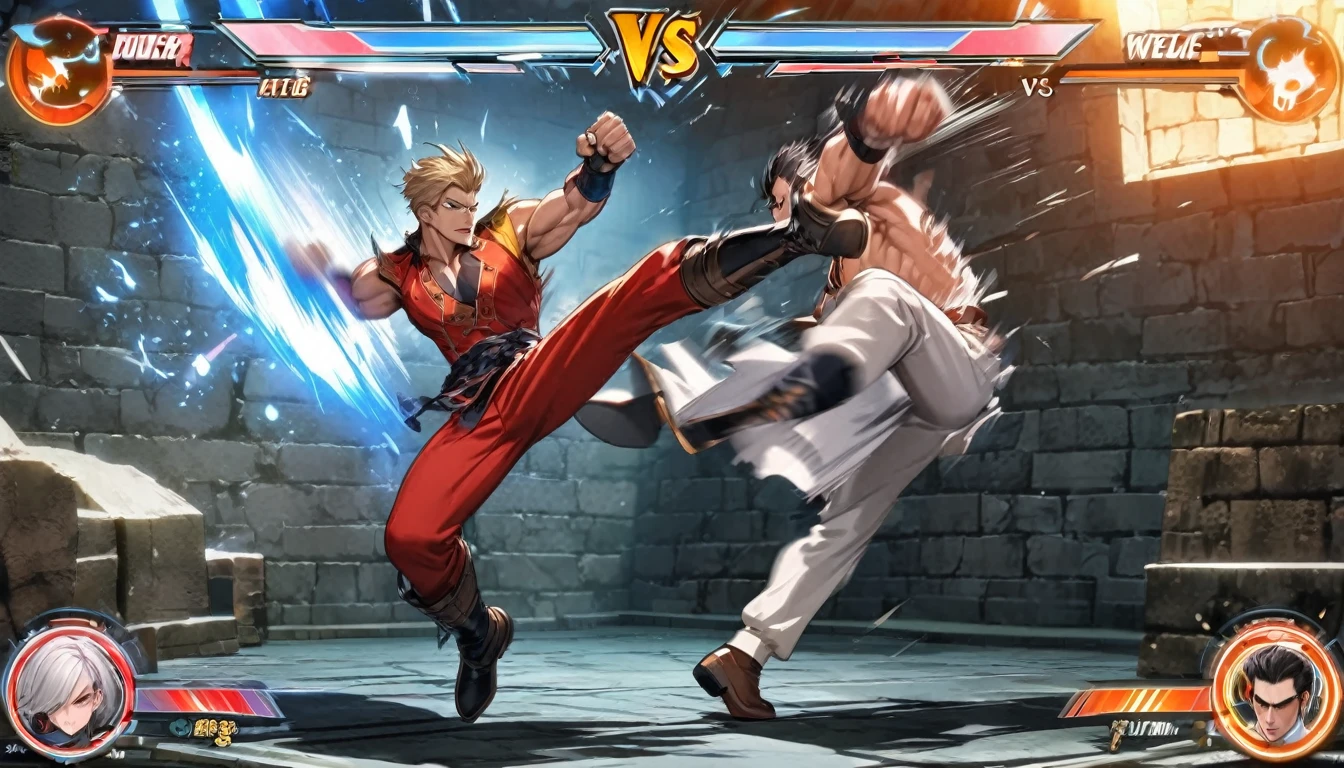 High resolution, Absurd, Perfect Anatomy(Two super handsome boys, pair)Detailed Background, Fighting game user interface, Dungeons, Jumping, punch, kick, whole body, Sound Effects, Motion Blur, 「VS」