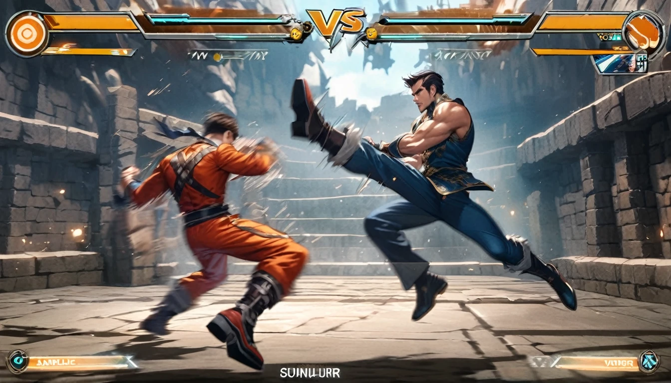 High resolution, Absurd, Perfect Anatomy(Two super handsome boys, pair)Detailed Background, Fighting game user interface, Dungeons, Jumping, punch, kick, whole body, Sound Effects, Motion Blur, 「VS」