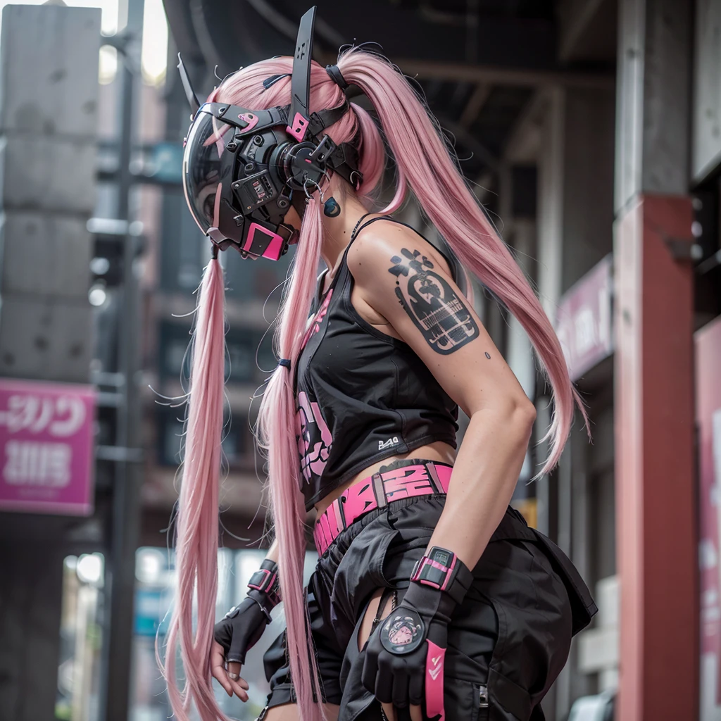 1girl, long pink twin tail hair, cyber helmet, black tank top, white cargo pants, mouth mask, covered mouth, Tattooed, Blur background, 8K, Hi-Res