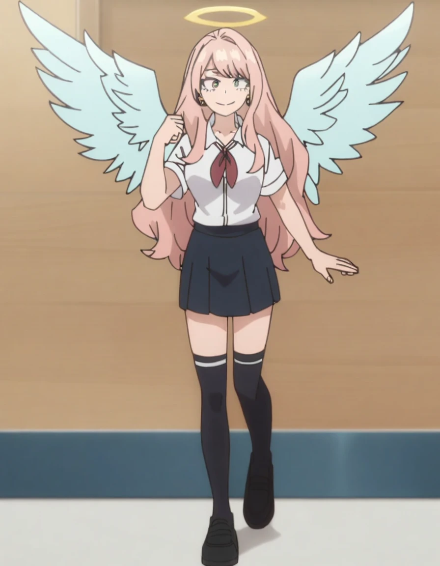 1girl, my hero academia screencap, boku no hero academia, pink hair, gold eyes, smiling, super long hair, cute, wearing white school shirt, red ribbon tie on shirt, in a classroom, cute gold earrings, bangs, , full body, large angel wings on back, halo, short skirt, thigh high black socks, big , one hand raised, cute
