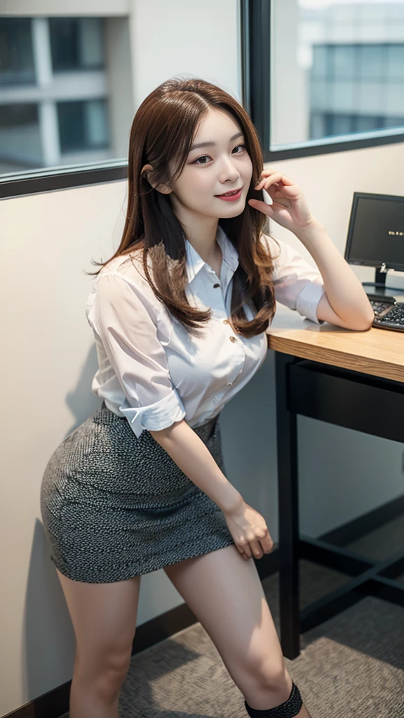 ((top-quality、masterpiece、photographrealistic:1.4、in 8K))、Beautuful Women1a person、25years old、beautiful hairl、delicate and beautiful face、Eyes and faces with detailed 、(Modern workplace with computer:1.2)、(Shirt:1.2)、(standing:1.2)、A smile、Beautiful lighting、Textured skin、Super Detail、high detailing、High quality、hight resolution、(looking at the viewers)、Detailed mouth、Opening Mouth、full body Esbian、tight skirts、Women at work、Fishnet Stockings、Coffee、window、Women who can work、high-heels