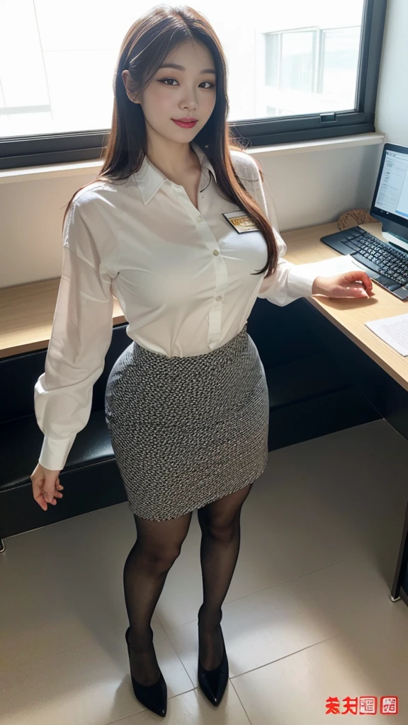 ((top-quality、​masterpiece、photographrealistic:1.4、in 8K))、Beautuful Women１a person、25years old、beautiful hairl、delicate and beautiful face、Eyes and faces with detailed 、(Modern workplace with computer:1.2)、(Shirt:1.2)、(standing:1.2)、A smile、Beautiful lighting、Textured skin、Super Detail、high detailing、High quality、hight resolution、（looking at the viewers）、Detailed mouth、Opening Mouth、full body Esbian、tight skirts、Women at work、Fishnet Stockings、Coffee、window、Women who can work、high-heels