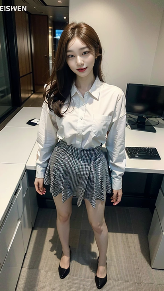((top-quality、masterpiece、photographrealistic:1.4、in 8K))、Beautuful Women1a person、25years old、beautiful hairl、delicate and beautiful face、Eyes and faces with detailed 、(Modern workplace with computer:1.2)、(Shirt:1.2)、(standing:1.2)、A smile、Beautiful lighting、Textured skin、Super Detail、high detailing、High quality、hight resolution、(looking at the viewers)、Detailed mouth、Opening Mouth、full body Esbian、tight skirts、Women at work、Fishnet Stockings、Coffee、window、Women who can work、high-heels