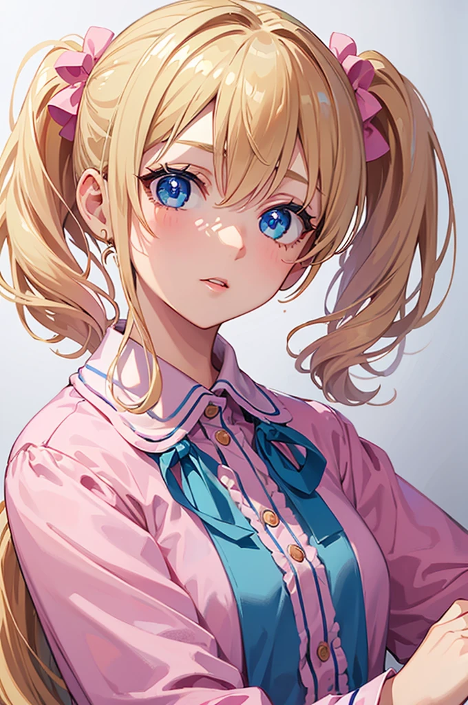 ((best quality)), ((masterpiece)), (detailed), perfect face, 1 girl, blue eyes, blonde hair, two pigtails, pink pajamas, Pink ponytail holders