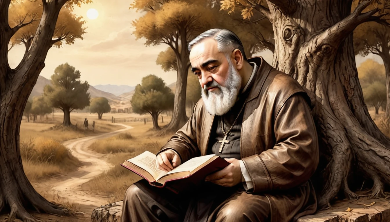 a padre pio sitting on the edge of a tree reading a book, biblical style, extremely detailed, hyper realistic, cinematic lighting, dramatic shadows, warm color palette, glowing edges, photorealistic, intricate details, masterpiece, high quality, 8k