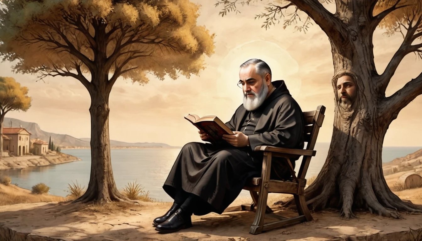 a padre pio sitting on the edge of a tree reading a book, biblical style, extremely detailed, hyper realistic, cinematic lighting, dramatic shadows, warm color palette, glowing edges, photorealistic, intricate details, masterpiece, high quality, 8k