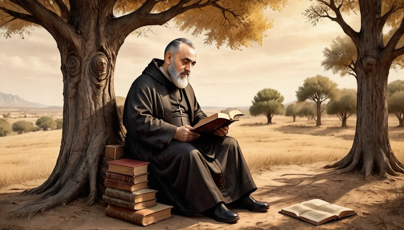 a padre pio sitting on the edge of a tree reading a book, biblical style, extremely detailed, hyper realistic, cinematic lighting, dramatic shadows, warm color palette, glowing edges, photorealistic, intricate details, masterpiece, high quality, 8k