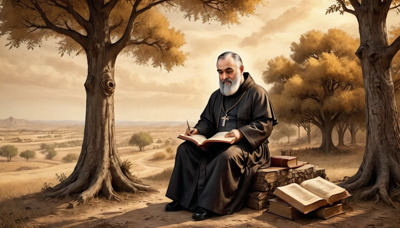 a padre pio sitting on the edge of a tree reading a book, biblical style, extremely detailed, hyper realistic, cinematic lighting, dramatic shadows, warm color palette, glowing edges, photorealistic, intricate details, masterpiece, high quality, 8k