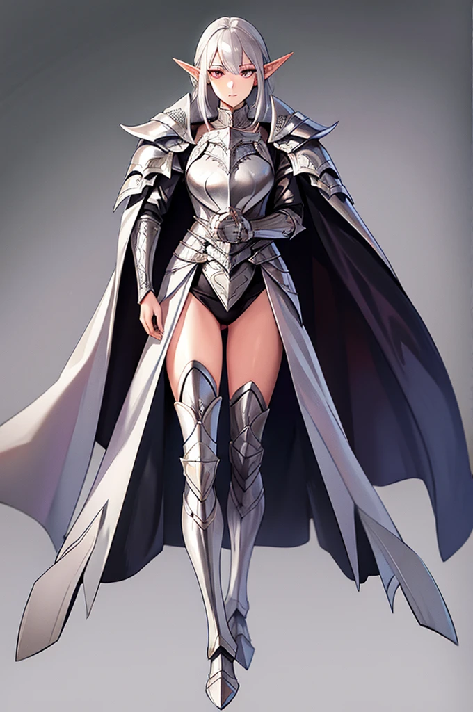 female elf knight, full body art, silver hair, white skin, red iris eye, knight full plate adorned armor, silver cape, perfectly detailed