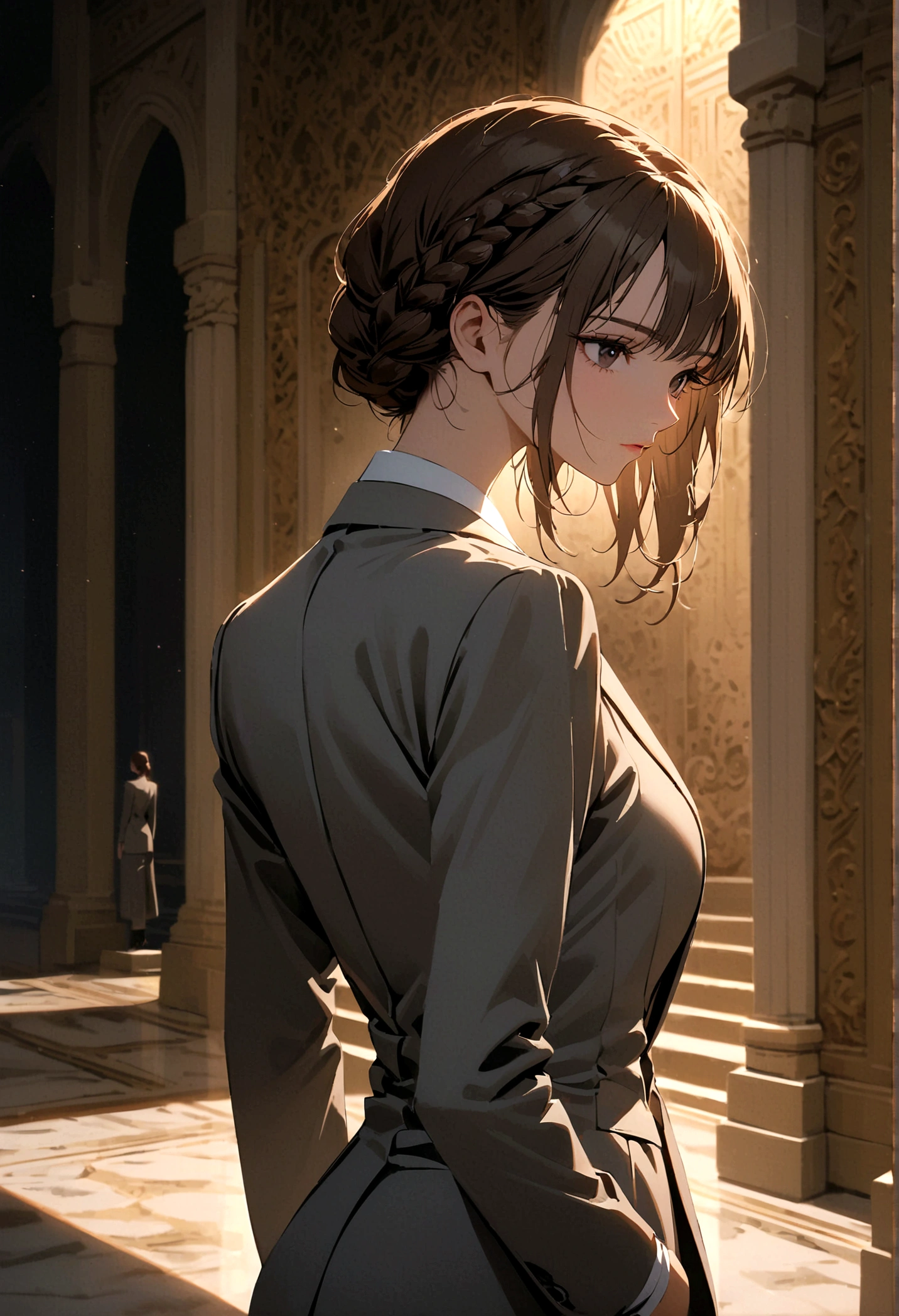 A woman with brown braided hair and black eyes wearing a gray suit with her back turned half her face stood alone in the middle of the palace at night.
