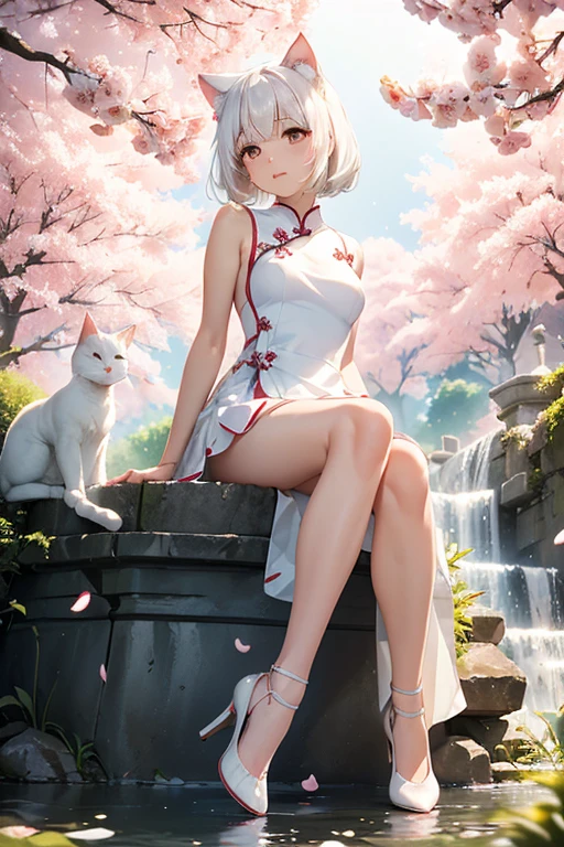 adult japanese catgirl, white cat tail, breathtaking cherry tree forest, falling cherry petal, ((white elegant sleeveless long cheongsam dress)), smooth and beautiful legs, ((brown eye color)), (medium short length hair flowing in the wind), ((white hair), ((white high heeled pumps shoes)), beautiful nature, Atlantis ruins, small water spring with small waterfall, ((high quality)), extremely detailed, (bokeh), dof, (hand on chest), large breasts, sitting in front of a cherry tree, elegant ancient stone structure, (lady like sitting pose), side swept hair bangs, looking up into the far distance, (girly hand pose), realistic body anatomy, (white cat ears), evening golden sun backlight, 