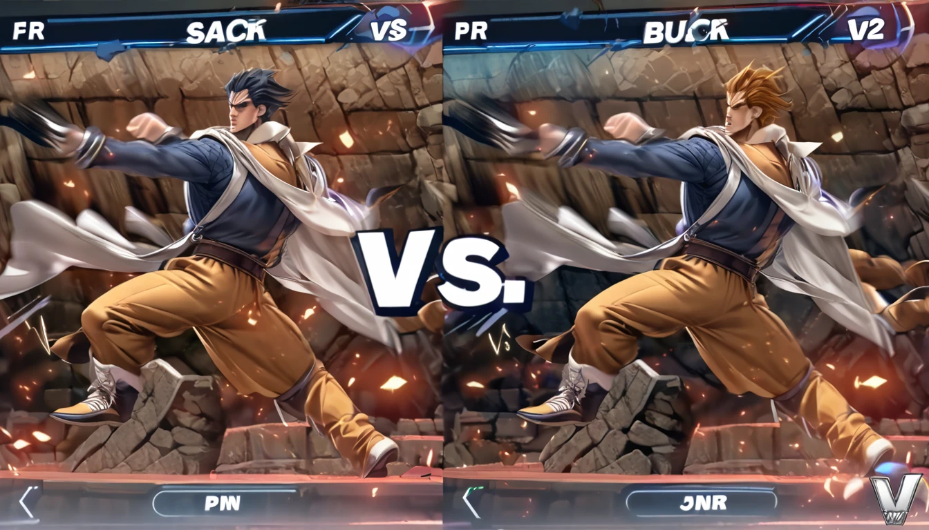 High resolution, Absurd, Perfect Anatomy(Two super handsome boys, pair)Detailed Background, Fighting game user interface, Dungeons, Jumping, punch, kick, whole body, Sound Effects, Motion Blur, 「VS」