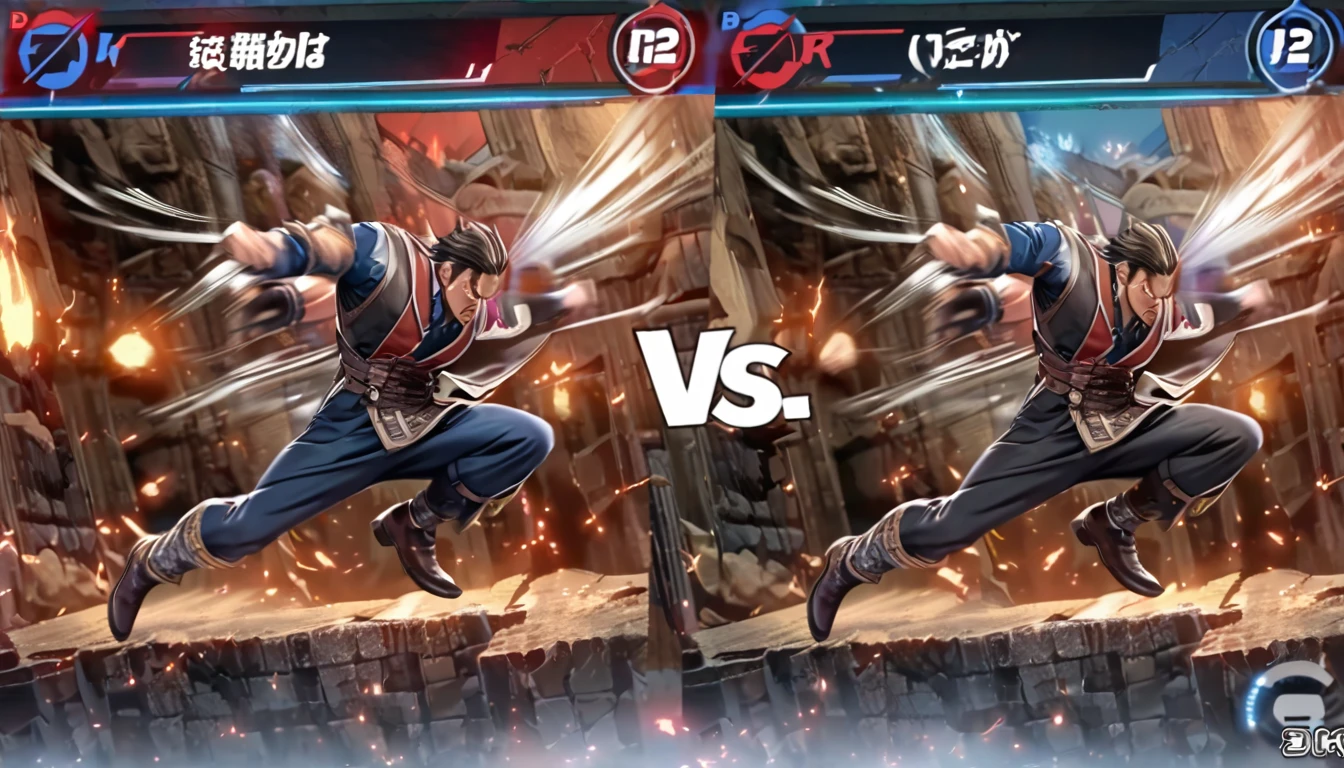 High resolution, Absurd, Perfect Anatomy(Two super handsome boys, pair)Detailed Background, Fighting game user interface, Dungeons, Jumping, punch, kick, whole body, Sound Effects, Motion Blur, 「VS」