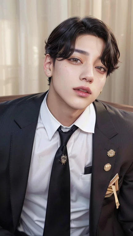 hay un hombre con traje y corbata sentado, jungkook, jungkook de pelo negro, taken in the early 2020s,Jeon jungkook, he is wearing a suit, Jungkook \los labios carnosos, Jeon jungkook, jungkook \his right eyelid is swollen, Jungkook, BTS, jeon jungkook, suave en _ el fondo, Lv