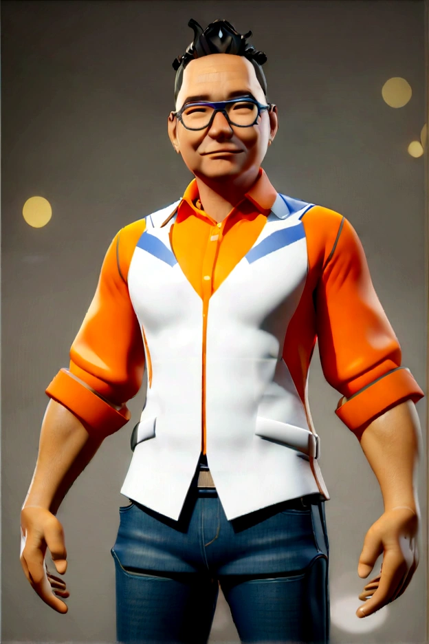 Cartoon character of a man in black glasses and orange shirt, um personagem animado, Caractere estilizado, animation style rendering, 3D estilizado, Arnold Maya rendering, Stylized 3D rendering, toon render screenshot, Personagem 3D, Personagem 3D, Stylized 3D rendering, 3D character rendering, personagem de desenho animado, Personagem de close up, Pose de personagem, (Estilo Pixar) (parte mestre:1.2) (bokeh) (melhor qualidade) (pele detalhada) (textura detalhada) (8K) (argila) (cinematic lighting) (sharp focus,Senta e vaza a parte superior do corpo