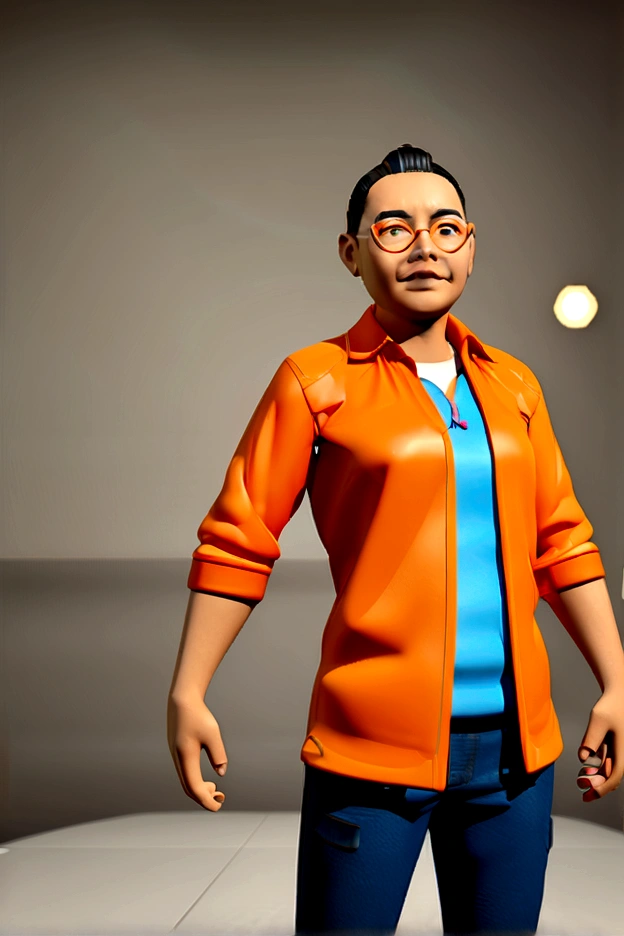 Cartoon character of a man in black glasses and orange shirt, um personagem animado, Caractere estilizado, animation style rendering, 3D estilizado, Arnold Maya rendering, Stylized 3D rendering, toon render screenshot, Personagem 3D, Personagem 3D, Stylized 3D rendering, 3D character rendering, personagem de desenho animado, Personagem de close up, Pose de personagem, (Estilo Pixar) (parte mestre:1.2) (bokeh) (melhor qualidade) (pele detalhada) (textura detalhada) (8K) (argila) (cinematic lighting) (sharp focus，Senta e vaza a parte superior do corpo