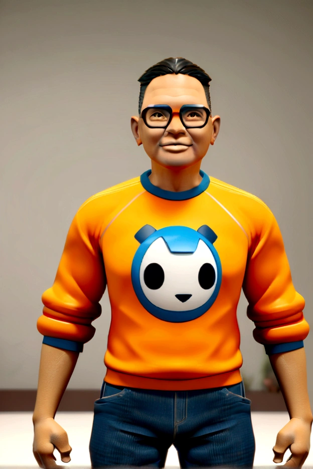 Cartoon character of a man in black glasses and orange shirt, um personagem animado, Caractere estilizado, animation style rendering, 3D estilizado, Arnold Maya rendering, Stylized 3D rendering, toon render screenshot, Personagem 3D, Personagem 3D, Stylized 3D rendering, 3D character rendering, personagem de desenho animado, Personagem de close up, Pose de personagem, (Estilo Pixar) (parte mestre:1.2) (bokeh) (melhor qualidade) (pele detalhada) (textura detalhada) (8K) (argila) (cinematic lighting) (sharp focus,Senta e vaza a parte superior do corpo