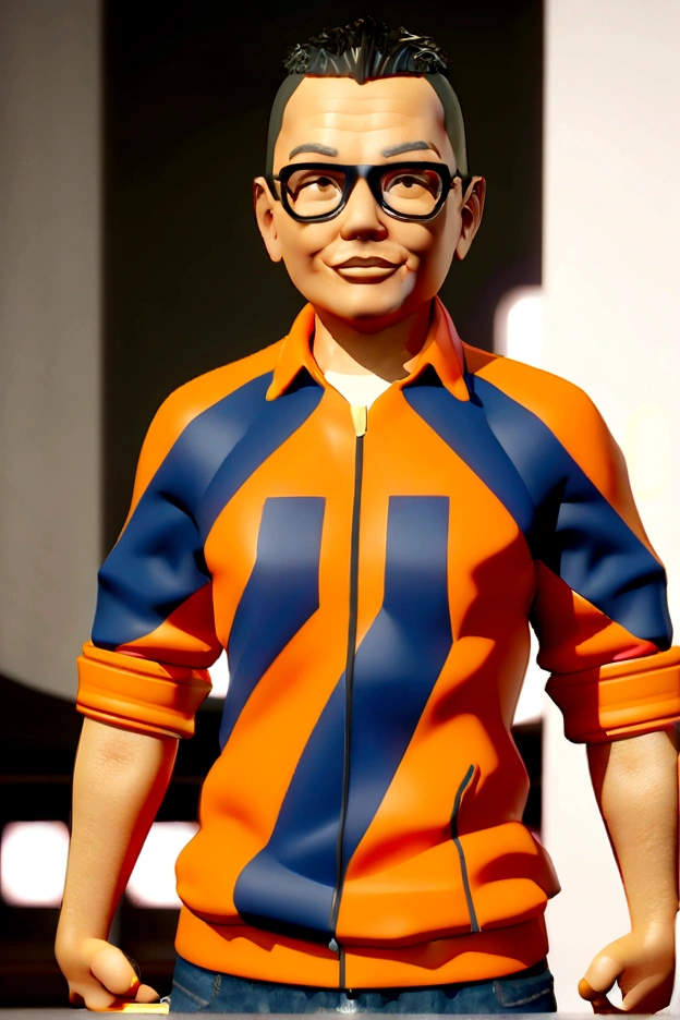 Cartoon character of a man in black glasses and orange shirt, um personagem animado, Caractere estilizado, animation style rendering, 3D estilizado, Arnold Maya rendering, Stylized 3D rendering, toon render screenshot, Personagem 3D, Personagem 3D, Stylized 3D rendering, 3D character rendering, personagem de desenho animado, Personagem de close up, Pose de personagem, (Estilo Pixar) (parte mestre:1.2) (bokeh) (melhor qualidade) (pele detalhada) (textura detalhada) (8K) (argila) (cinematic lighting) (sharp focus，Senta e vaza a parte superior do corpo