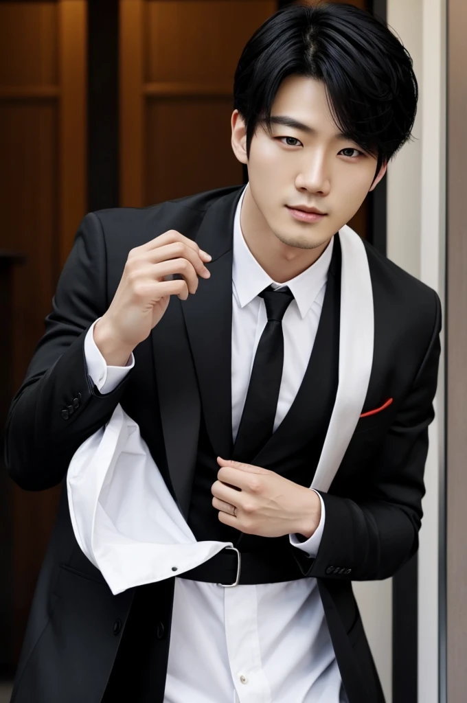 I want a Korean guy about 25 years old, pale skin, amber eyes, cabello negro, y con un traje negro