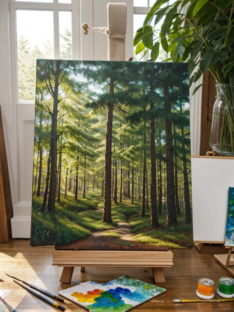 Create a forest-themed piece of art on a small-sized canvas on an easel and table filled with paints the same color as the canvas and brushes