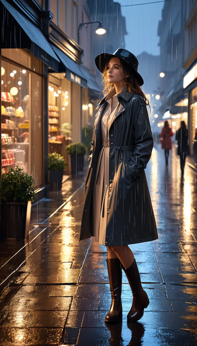 "A young woman is on the city street at night, with a wet environment and elegant rain. She is dressed in comfortable clothes and a jacket, with a hat and a pair of boots. The rain is falling gently, creating a of shadow and light over the city. Cars pass through the street, with lights flashing and headlights shining. Shops are open, with lights shining and windows full of products. The atmosphere is one of movement and life, with a touch. of romanticism and magic."