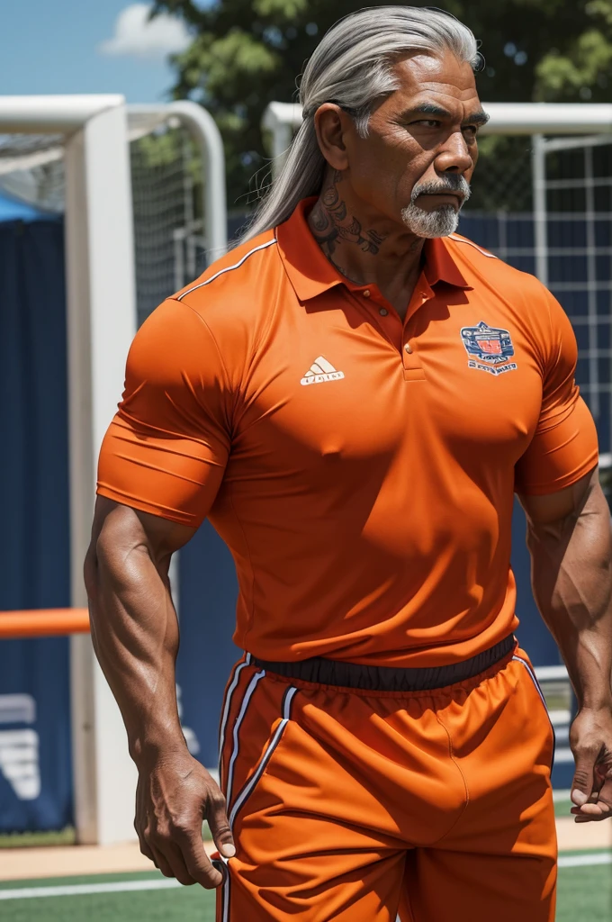 man from samoa, 60 years old, very muscular body, long gray hair, football coach, at a football field, wearing orange polo shirt and orange pants, many tribal tattoos