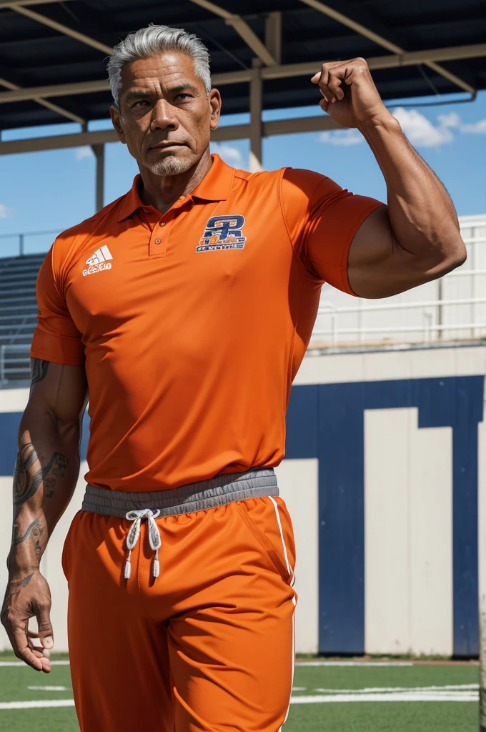 man from samoa, 60 years old, very muscular body, long gray hair, football coach, at a football field, wearing orange polo shirt and orange pants, many tribal tattoos