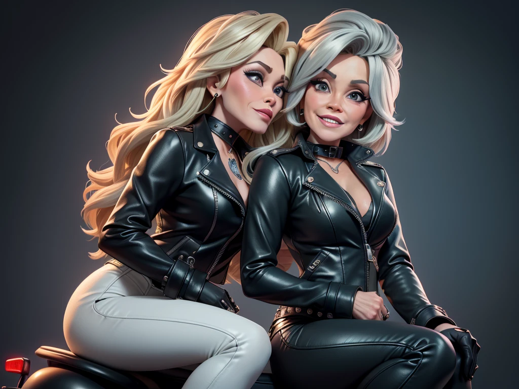 obra prima, melhor qualidade, ((jane fonda, dolly parton, vamp 80yo face wrinkles,)) head back, sassy wicked girl, open mouth, big teeth smile, thick smoky black eye shadow, long fake eyelashes, sultry eyes, grey white hair, short bob style hair, metallic brick red leather biker jacket, ((biker jacket has puff shoulders,)) ((biker jacket has stiff collar,)) leather blouse, green pvc skinny pants, studs zippers snaps, shiny leather gloves, nip slip, body is skinny, laying down hugging each other on sofa, shiny tight buttocks, kama sutra, explicit rubbing, mashing genitals, camera view of whole body, looking up at me, shallow depth of field, highres, HD, 8k, anatomically correct