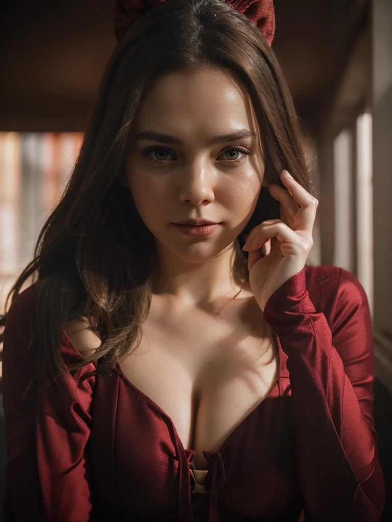 Scarlet Witch from marvel posting. Raw photo. Red magic. Cute face. Detailed face. Cinematic. High resolution