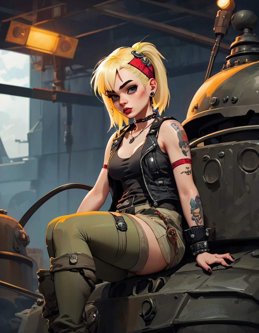 tank girl character, punk, blonde, with piercings, wearing military helmet, sitting on a tank, (best quality, 4k, 8k, high resolution, masterpiece: 1.2), ultra detailed, (realistic, photorealistic, photorealistic: 1.37) , oil painting, art inspired by Skottie Young and Bill Sienkiewicz, detailed facial features, piercings, punk, brave military aesthetic, worn and rugged appearance, dramatic lighting, cinematic composition, vibrant colors, moody atmosphere.