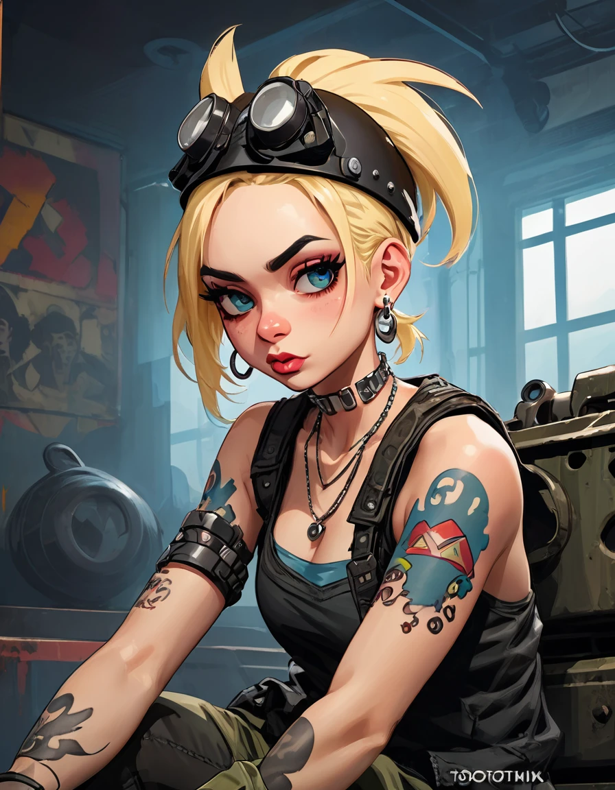 tank girl character, punk, blonde, with piercings, wearing military helmet, sitting on a tank, (best quality, 4k, 8k, high resolution, masterpiece: 1.2), ultra detailed, (realistic, photorealistic, photorealistic: 1.37) , oil painting, art inspired by Skottie Young and Bill Sienkiewicz, detailed facial features, piercings, punk, brave military aesthetic, worn and rugged appearance, dramatic lighting, cinematic composition, vibrant colors, moody atmosphere.