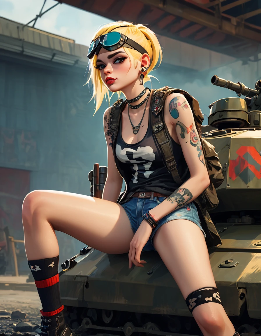 tank girl character, punk, blonde, with piercings, wearing military helmet, sitting on a tank, (best quality, 4k, 8k, high resolution, masterpiece: 1.2), ultra detailed, (realistic, photorealistic, photorealistic: 1.37) , oil painting, art inspired by Skottie Young and Bill Sienkiewicz, detailed facial features, piercings, punk, brave military aesthetic, worn and rugged appearance, dramatic lighting, cinematic composition, vibrant colors, moody atmosphere.