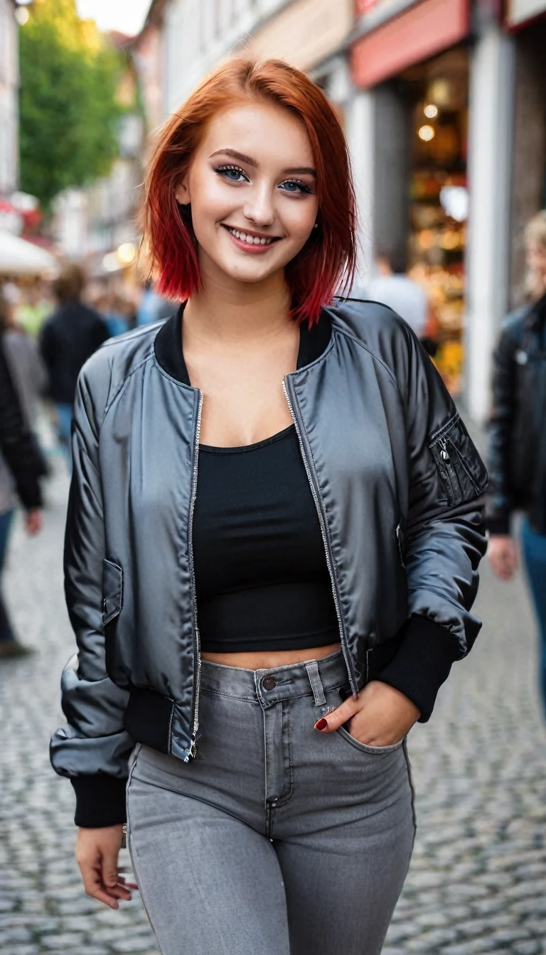 Portrait of a beautiful 18-year-old woman, rote bob haare, dark eye makeup with eyeliner, beautiful Germans, grey longsleeve shirt with black satin bomber jacket and skinny jeans, in der stadt, (heller markt, helles und lebendiges Licht: 1.2), shy smile, busty, tanned, walking away from photographer
