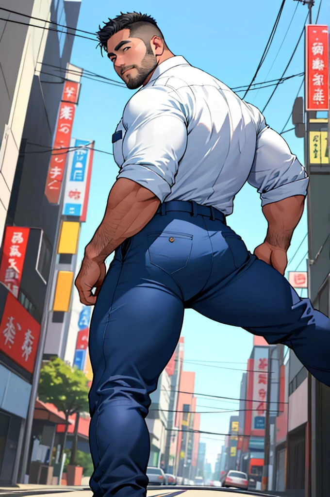 ((photo realistic)), (((one men only in the picture))), 30 years old mature beefy bulky sexy Japanese Kenta in police Keisatsu uniform looking to the camera, short haired, back arched, he is wearing dark blue satin pants and white shirt (unrealistic super big tight butt), ((tight pants)), medium shot taken from behind, back - shot, rear-shot, ((Low angle)), on a busy street