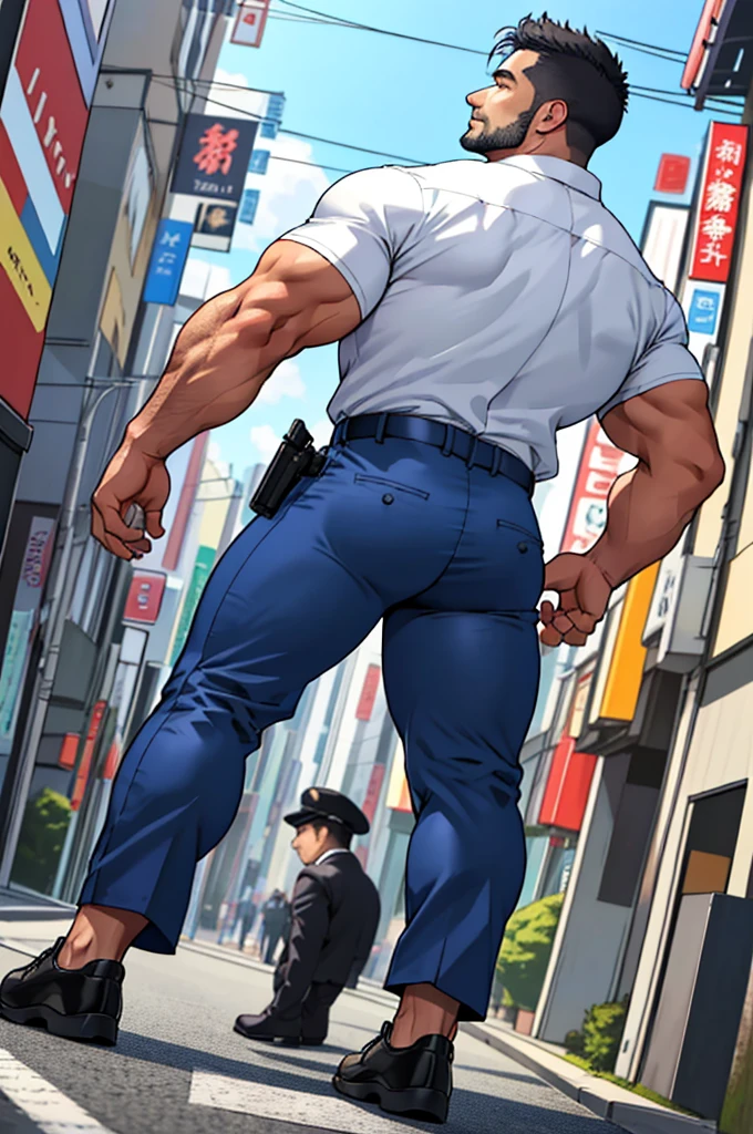 ((photo realistic)), (((one men only in the picture))), 30 years old mature beefy bulky sexy Japanese Kenta in police Keisatsu uniform looking to the camera, short haired, back arched, he is wearing dark blue satin pants and white shirt (unrealistic super big tight butt), ((tight pants)), medium shot taken from behind, back - shot, rear-shot, ((Low angle)), on a busy street