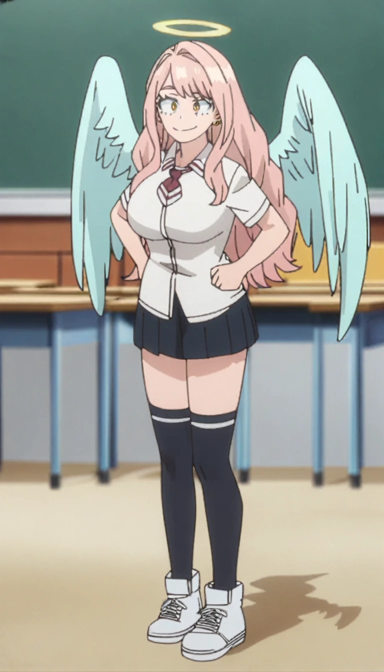 1girl, my hero academia screencap, boku no hero academia, pink hair, gold eyes, smiling, super long hair, cute, wearing white school shirt, red ribbon tie on shirt, in a classroom, cute gold earrings, bangs, , full body, large angel wings on back, halo, short skirt, thigh high black socks, big boobs
